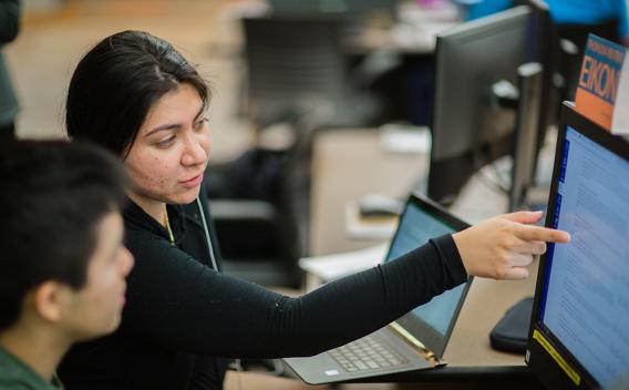 Advisor pointing something to a student on a monitor.